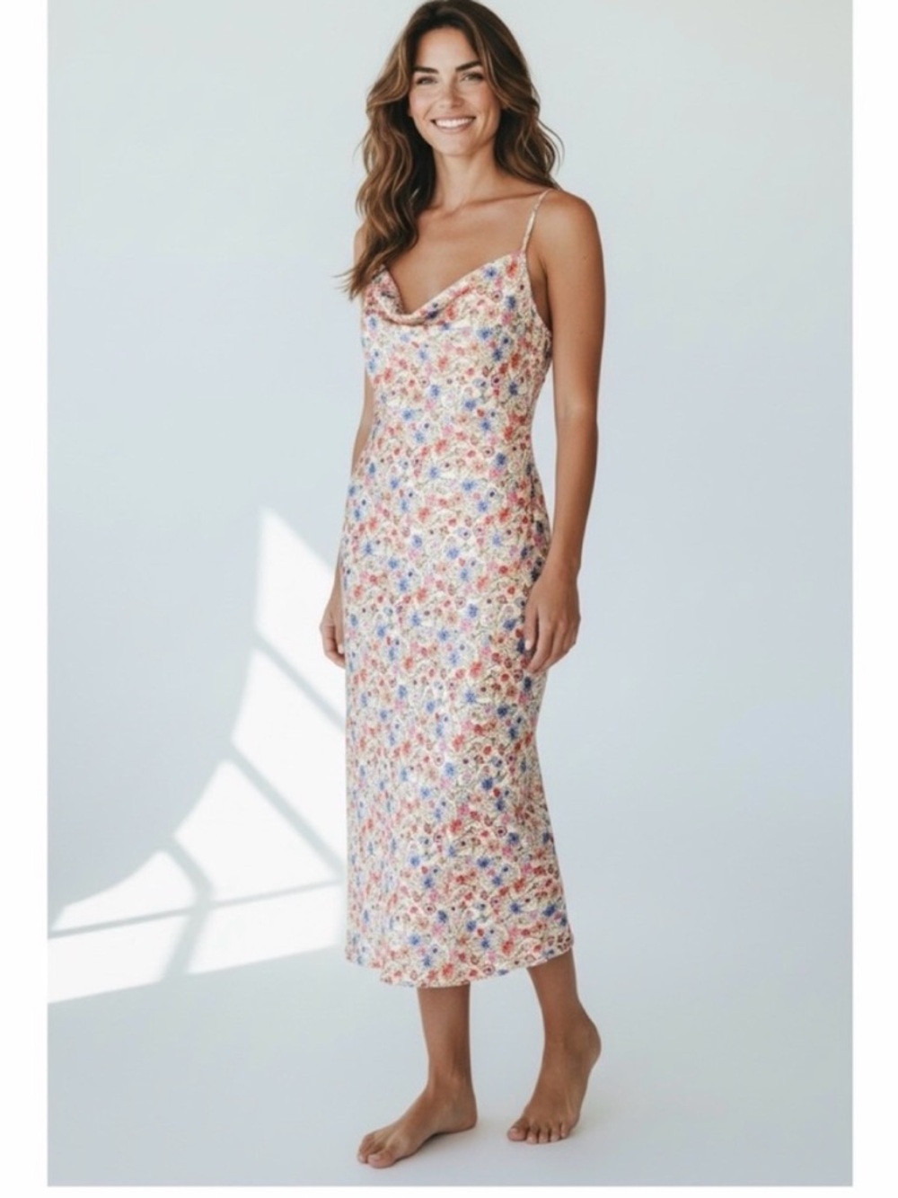 Bebe Floral Slip Midi Dress with Cowl Neck